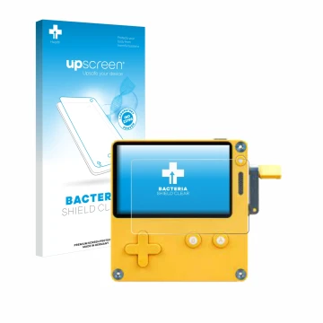 Parte frontale di una confezione del prodotto con il logo del marchio upscreen. Accanto è raffigurato il dispositivo Panic Pla