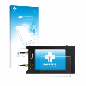 Parte frontale di una confezione del prodotto con il logo del marchio upscreen. Accanto è raffigurato il dispositivo NanoVNA H