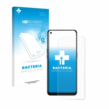 Parte frontale di una confezione del prodotto con il logo del marchio upscreen. Accanto è raffigurato il dispositivo Oppo Reno