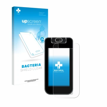 Parte frontale di una confezione del prodotto con il logo del marchio upscreen. Accanto è raffigurato il dispositivo Vtech Kid