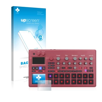 Parte frontale di una confezione del prodotto con il logo del marchio upscreen. Accanto è raffigurato il dispositivo KORG elec