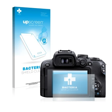 Parte frontale di una confezione del prodotto con il logo del marchio upscreen. Accanto è raffigurato il dispositivo Canon EOS