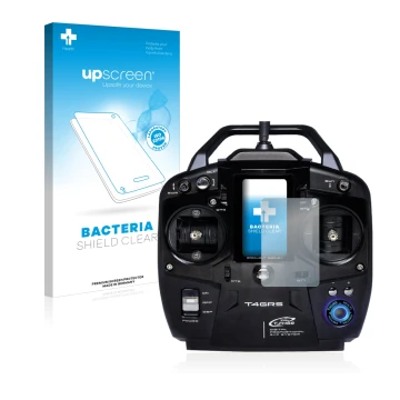 Parte frontale di una confezione del prodotto con il logo del marchio upscreen. Accanto è raffigurato il dispositivo Futaba T4