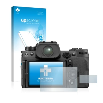 Parte frontale di una confezione del prodotto con il logo del marchio upscreen. Accanto è raffigurato il dispositivo Fujifilm 