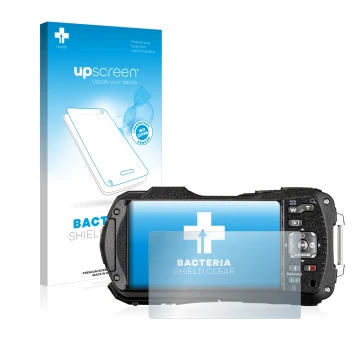 Parte frontale di una confezione del prodotto con il logo del marchio upscreen. Accanto è raffigurato il dispositivo Ricoh WG-