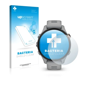 Parte frontale di una confezione del prodotto con il logo del marchio upscreen. Accanto è raffigurato il dispositivo Garmin Fo