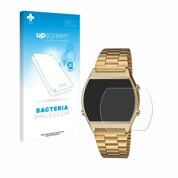Parte frontale di una confezione del prodotto con il logo del marchio upscreen. Accanto è raffigurato il dispositivo Casio Ret