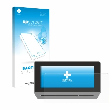 Parte frontale di una confezione del prodotto con il logo del marchio upscreen. Accanto è raffigurato il dispositivo Seat Leon