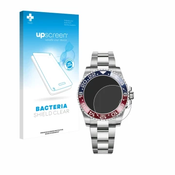 Parte frontale di una confezione del prodotto con il logo del marchio upscreen. Accanto è raffigurato il dispositivo Rolex GMT