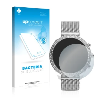 Parte frontale di una confezione del prodotto con il logo del marchio upscreen. Accanto è raffigurato il dispositivo Fossil St