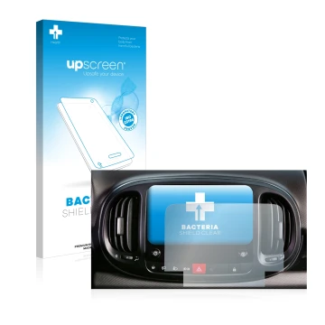 Parte frontale di una confezione del prodotto con il logo del marchio upscreen. Accanto è raffigurato il dispositivo Fiat 500L