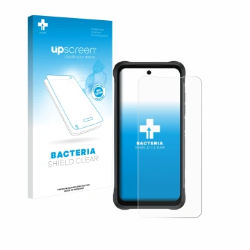 Parte frontale di una confezione del prodotto con il logo del marchio upscreen. Accanto è raffigurato il dispositivo Umidigi B