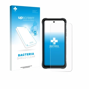 Parte frontale di una confezione del prodotto con il logo del marchio upscreen. Accanto è raffigurato il dispositivo Umidigi B