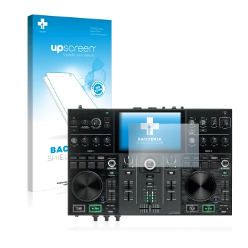 Parte frontale di una confezione del prodotto con il logo del marchio upscreen. Accanto è raffigurato il dispositivo Denon DJ 