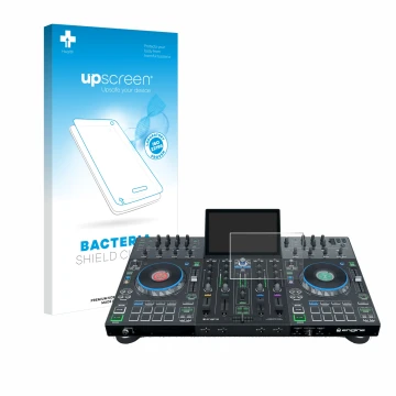Parte frontale di una confezione del prodotto con il logo del marchio upscreen. Accanto è raffigurato il dispositivo Denon DJ 