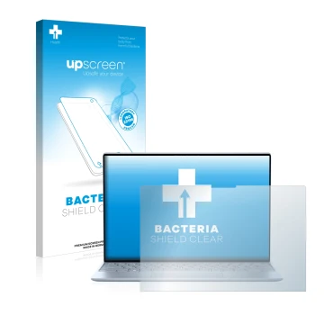 Parte frontale di una confezione del prodotto con il logo del marchio upscreen. Accanto è raffigurato il dispositivo Dell XPS 