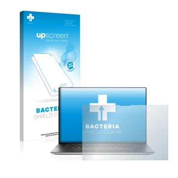 Parte frontale di una confezione del prodotto con il logo del marchio upscreen. Accanto è raffigurato il dispositivo Dell XPS 