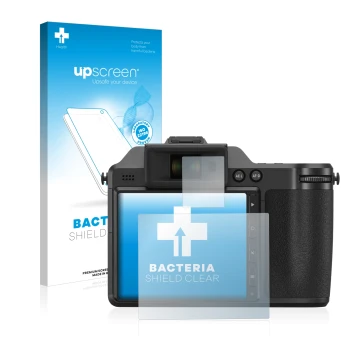 Parte frontale di una confezione del prodotto con il logo del marchio upscreen. Accanto è raffigurato il dispositivo Fujifilm 