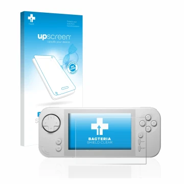 Parte frontale di una confezione del prodotto con il logo del marchio upscreen. Accanto è raffigurato il dispositivo Evercade 