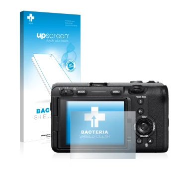 Parte frontale di una confezione del prodotto con il logo del marchio upscreen. Accanto è raffigurato il dispositivo Sony Alph