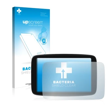 Parte frontale di una confezione del prodotto con il logo del marchio upscreen. Accanto è raffigurato il dispositivo TomTom GO