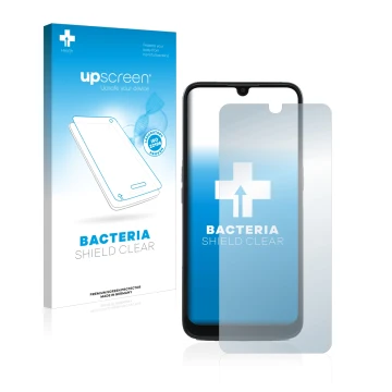 Parte frontale di una confezione del prodotto con il logo del marchio upscreen. Accanto è raffigurato il dispositivo Doro 8100