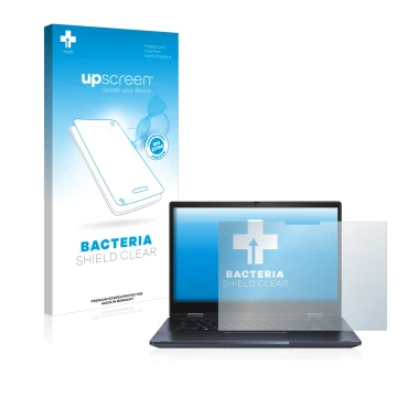 Parte frontale di una confezione del prodotto con il logo del marchio upscreen. Accanto è raffigurato il dispositivo ASUS Expe