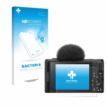 Parte frontale di una confezione del prodotto con il logo del marchio upscreen. Accanto è raffigurato il dispositivo Sony ZV-1