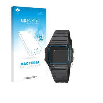 Parte frontale di una confezione del prodotto con il logo del marchio upscreen. Accanto è raffigurato il dispositivo Casio F-1