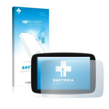 Parte frontale di una confezione del prodotto con il logo del marchio upscreen. Accanto è raffigurato il dispositivo TomTom GO