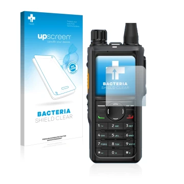 Parte frontale di una confezione del prodotto con il logo del marchio upscreen. Accanto è raffigurato il dispositivo Hytera HP