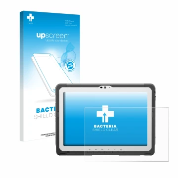 Parte frontale di una confezione del prodotto con il logo del marchio upscreen. Accanto è raffigurato il dispositivo Panasonic