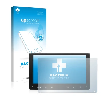 Parte frontale di una confezione del prodotto con il logo del marchio upscreen. Accanto è raffigurato il dispositivo Atoto A6 