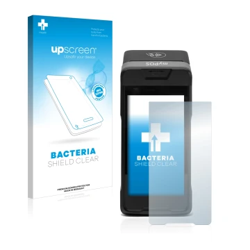 Parte frontale di una confezione del prodotto con il logo del marchio upscreen. Accanto è raffigurato il dispositivo myPOS Car
