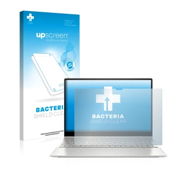 Parte frontale di una confezione del prodotto con il logo del marchio upscreen. Accanto è raffigurato il dispositivo HP Envy x