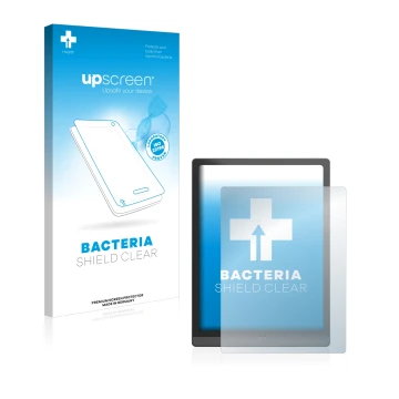 Parte frontale di una confezione del prodotto con il logo del marchio upscreen. Accanto è raffigurato il dispositivo Boox Tab 