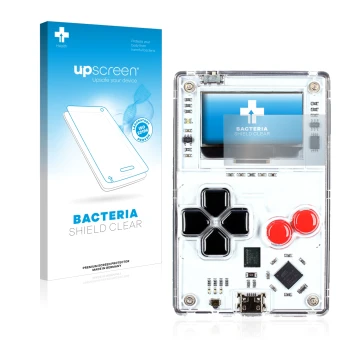 Parte frontale di una confezione del prodotto con il logo del marchio upscreen. Accanto è raffigurato il dispositivo Arduboy F