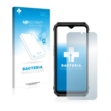 Parte frontale di una confezione del prodotto con il logo del marchio upscreen. Accanto è raffigurato il dispositivo Ulefone P