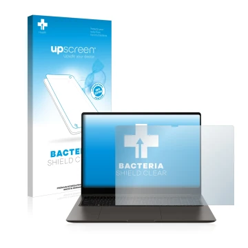 Parte frontale di una confezione del prodotto con il logo del marchio upscreen. Accanto è raffigurato il dispositivo Samsung G