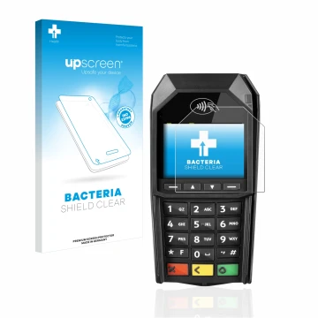 Parte frontale di una confezione del prodotto con il logo del marchio upscreen. Accanto è raffigurato il dispositivo ingenico 