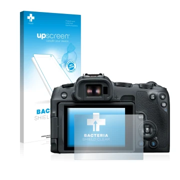 Parte frontale di una confezione del prodotto con il logo del marchio upscreen. Accanto è raffigurato il dispositivo Canon EOS