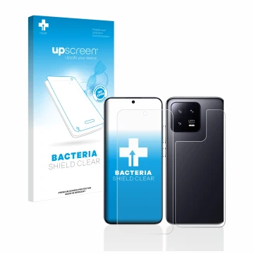 Parte frontale di una confezione del prodotto con il logo del marchio upscreen. Accanto è raffigurato il dispositivo Xiaomi 13