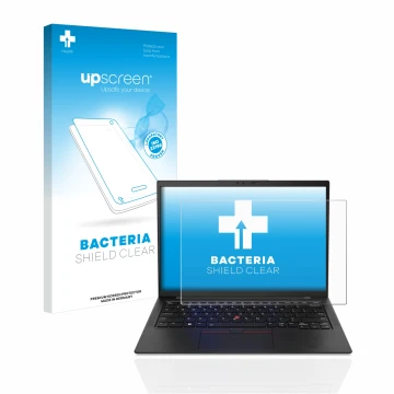 Parte frontale di una confezione del prodotto con il logo del marchio upscreen. Accanto è raffigurato il dispositivo Lenovo Th