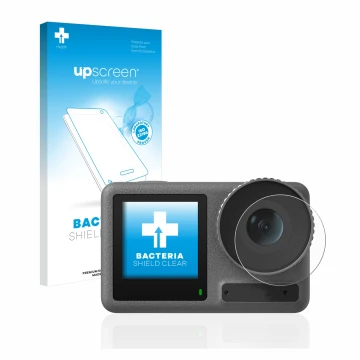 Parte frontale di una confezione del prodotto con il logo del marchio upscreen. Accanto è raffigurato il dispositivo DJI Osmo 