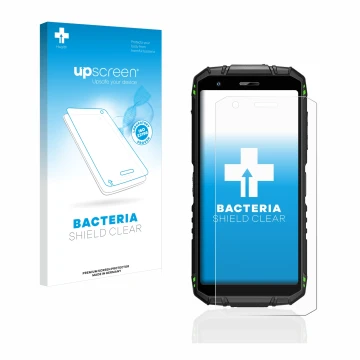 Parte frontale di una confezione del prodotto con il logo del marchio upscreen. Accanto è raffigurato il dispositivo Doogee S4