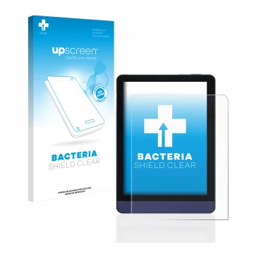 Parte frontale di una confezione del prodotto con il logo del marchio upscreen. Accanto è raffigurato il dispositivo Meebook M
