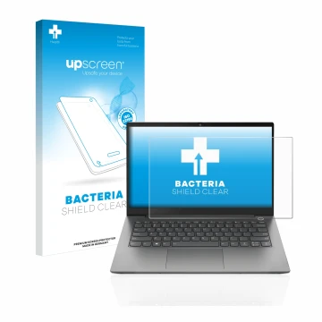 Parte frontale di una confezione del prodotto con il logo del marchio upscreen. Accanto è raffigurato il dispositivo Lenovo Th