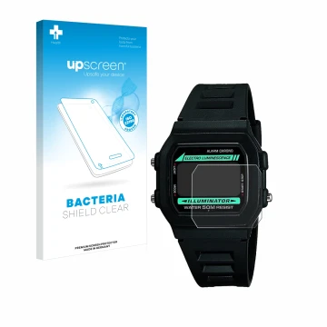 Parte frontale di una confezione del prodotto con il logo del marchio upscreen. Accanto è raffigurato il dispositivo Casio W-8