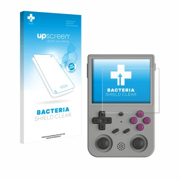 Parte frontale di una confezione del prodotto con il logo del marchio upscreen. Accanto è raffigurato il dispositivo Anbernic 
