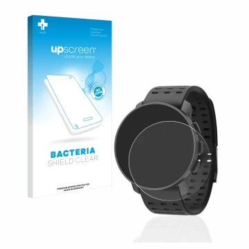 Parte frontale di una confezione del prodotto con il logo del marchio upscreen. Accanto è raffigurato il dispositivo Suunto 9 